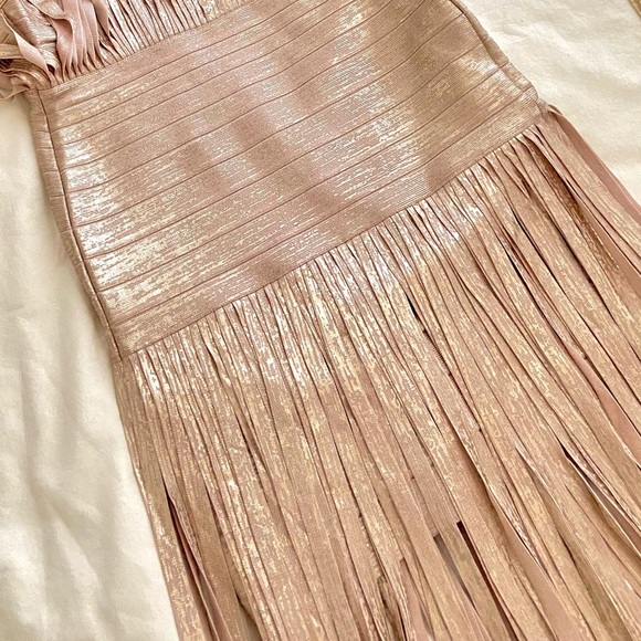 💔SOLD $2,350 Hervé Léger Selena Gold Fringe Gown - Picture 12 of 14